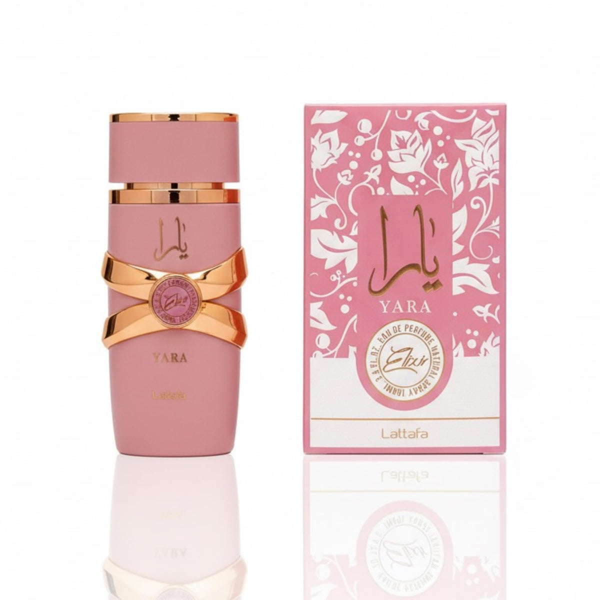 Lattafa Yara Elixir bottle design with floral background