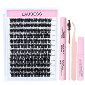 LAUBESS Lash Clusters Kit contents including clusters, glue, and tweezers