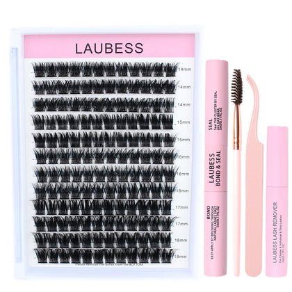 LAUBESS Lash Clusters Kit contents including clusters, glue, and tweezers