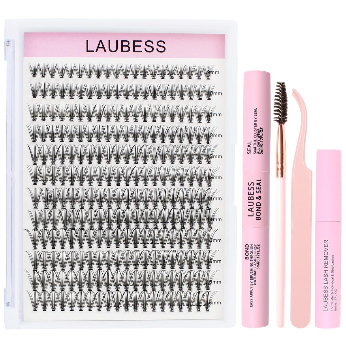 LAUBESS Lash Extension Kit contents including lash clusters and tools
