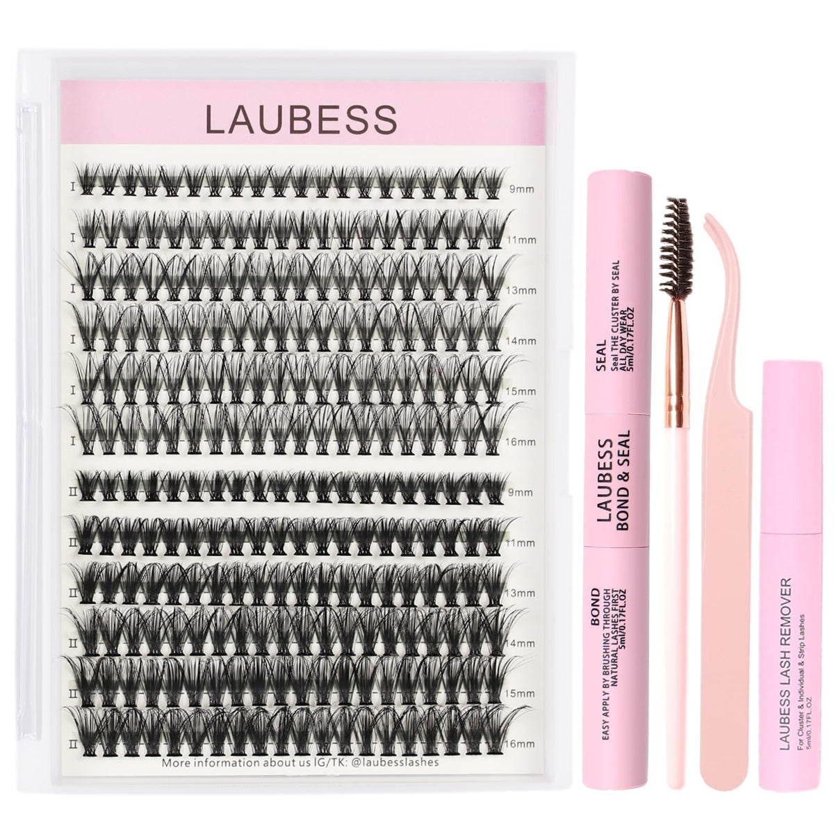 LAUBESS Lash Extension Kit including lash clusters and tools
