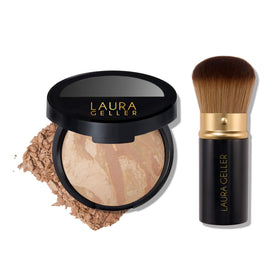 LAURA GELLER Baked Balance-n-Brighten Foundation set with kabuki brush, front view