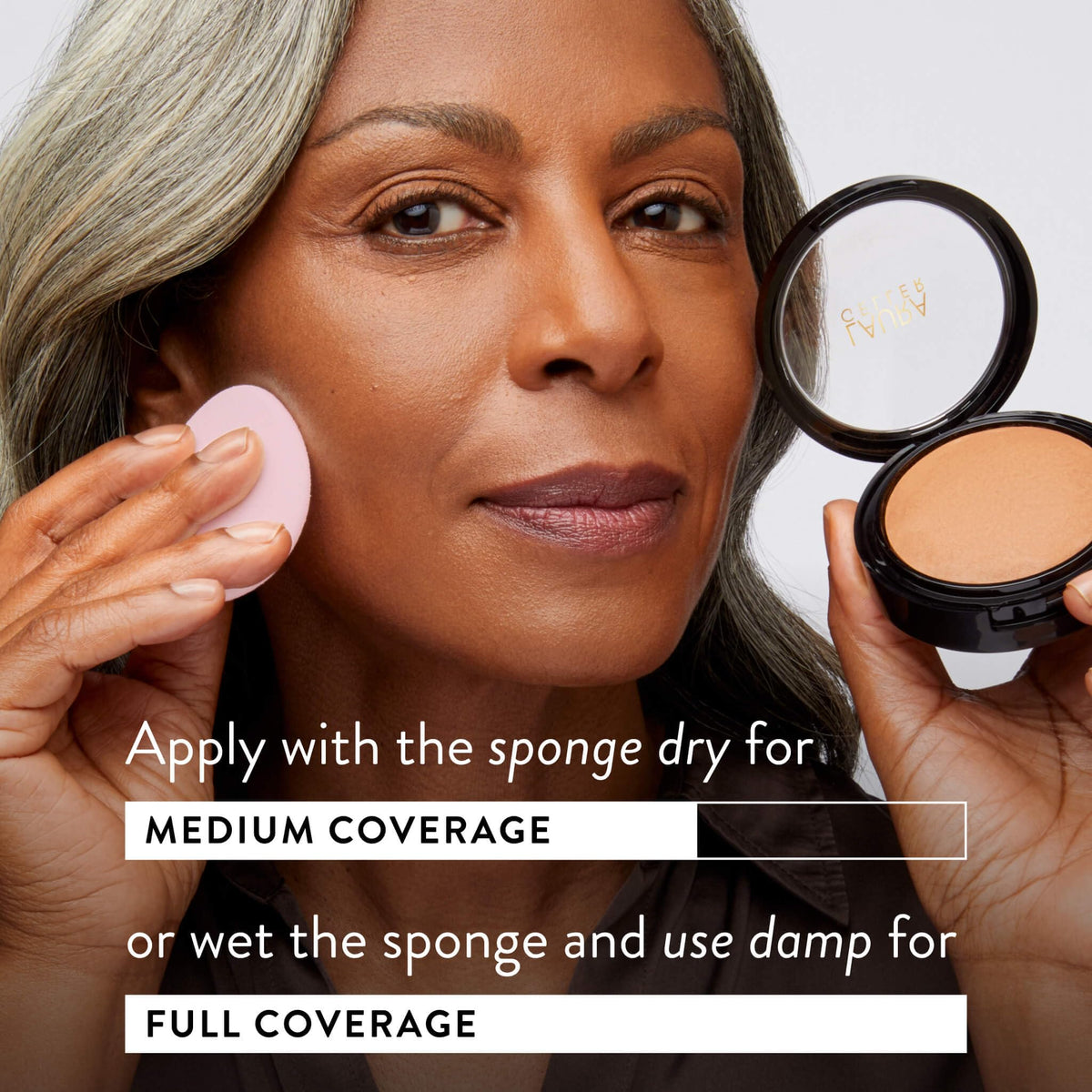 LAURA GELLER Baked Double Take Powder Foundation Deep with makeup brush