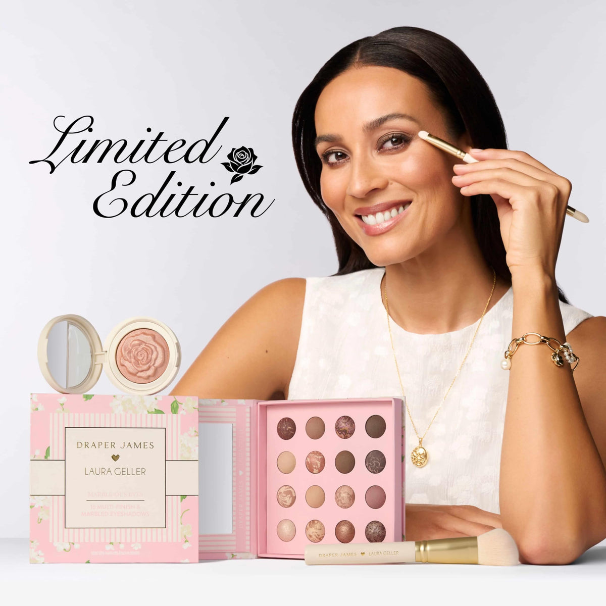 LAURA GELLER Dual-Ended Eyeshadow Brush on makeup vanity