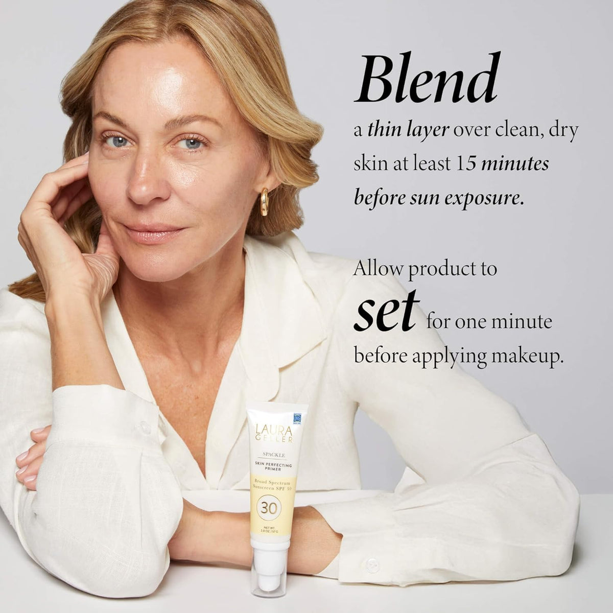 LAURA GELLER Spackle Makeup Primer SPF 30 in bathroom setting