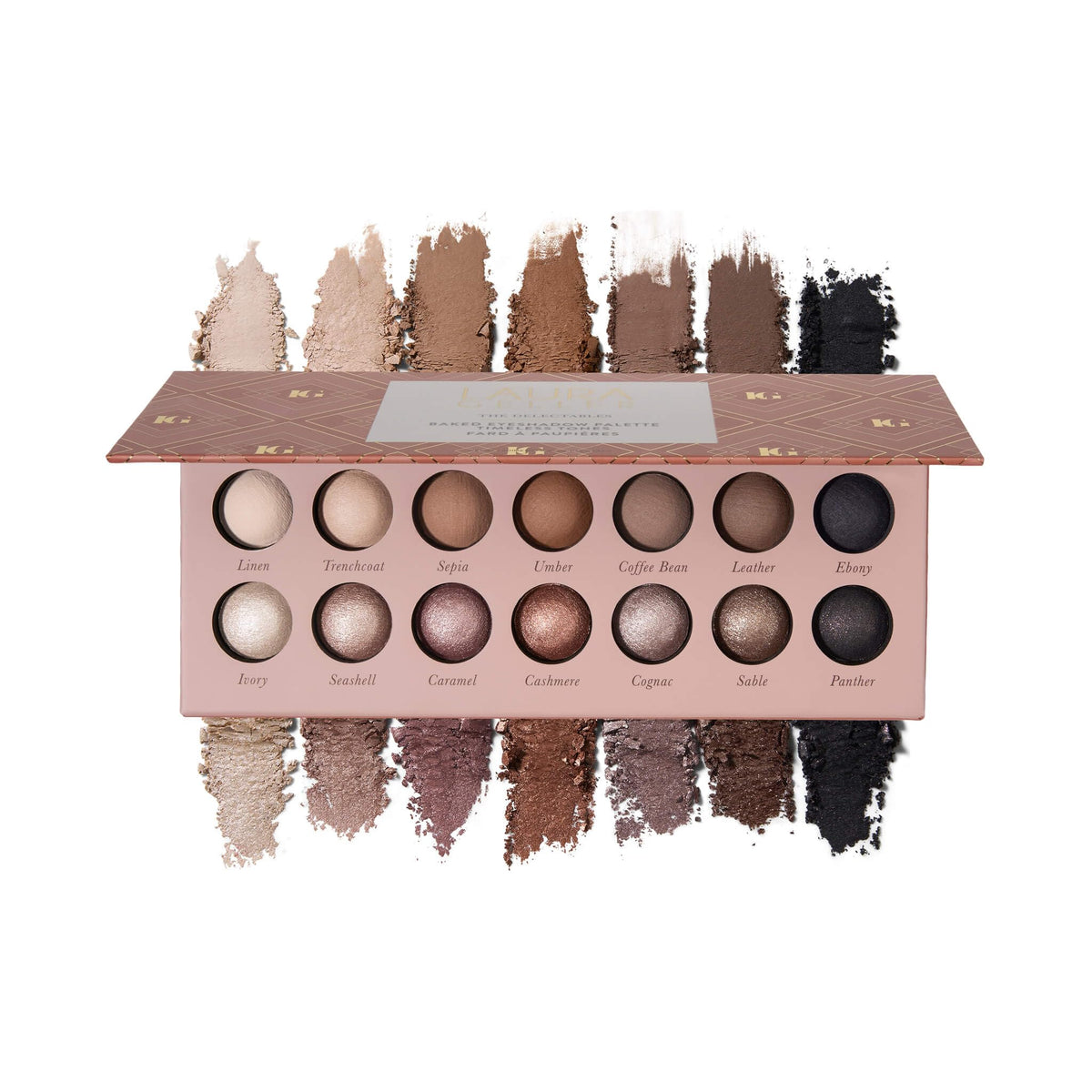 LAURA GELLER The Delectables Eyeshadow Palette front view with 14 shades
