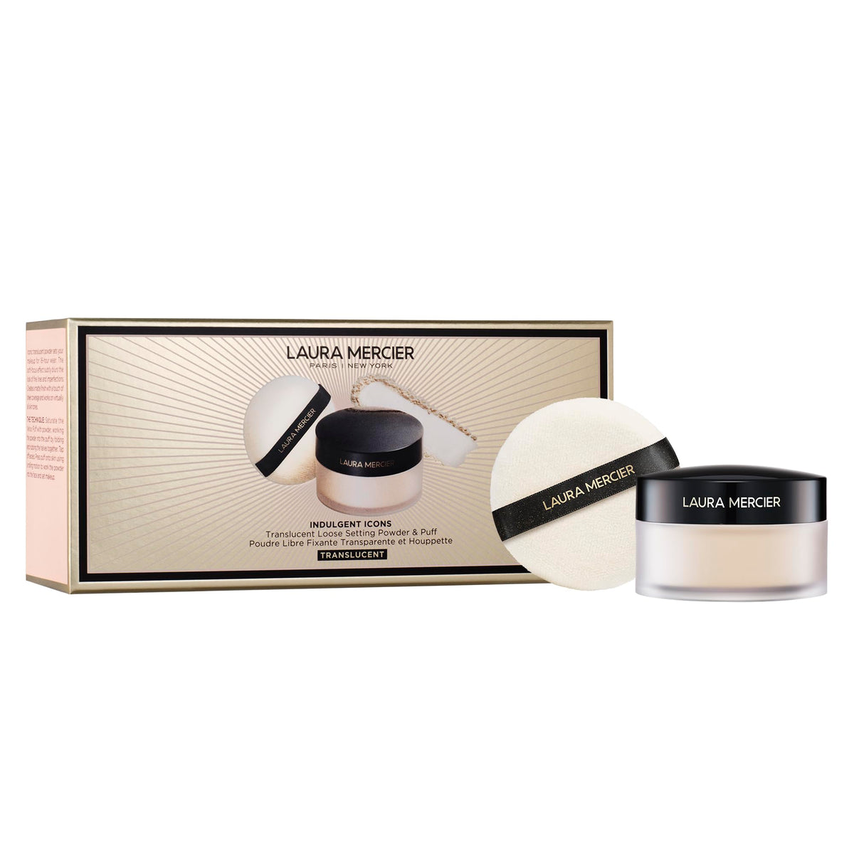 Laura Mercier Translucent Loose Setting Powder front view with Velour Puff