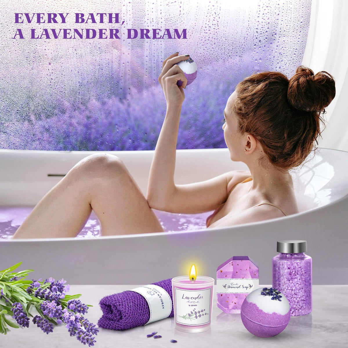 Lavender bath bomb and heart bath bomb in gift set