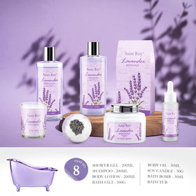Lavender bath bombs and scented candles in the gift basket