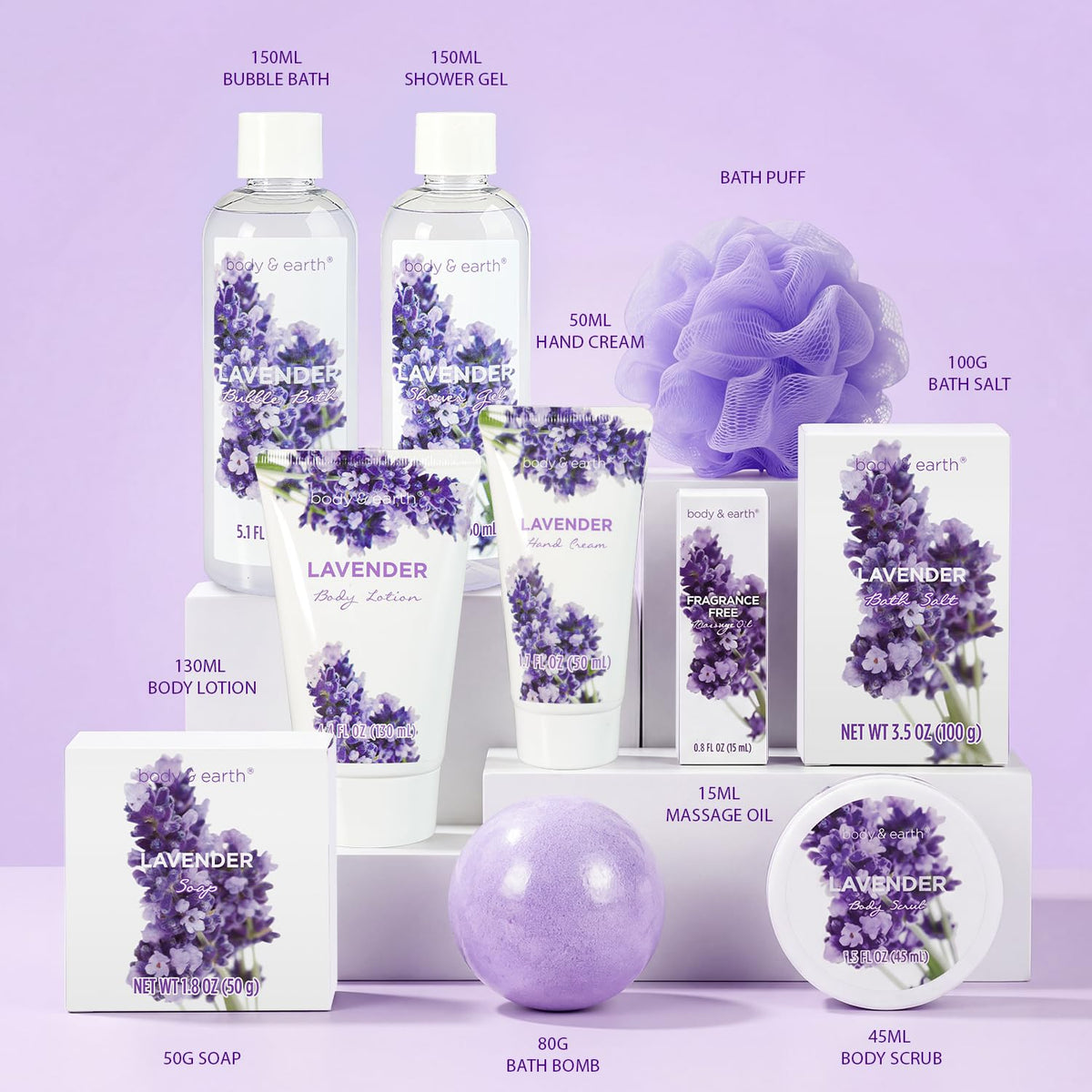 Lavender essential oil bottle from BODY & EARTH Spa Gift Basket