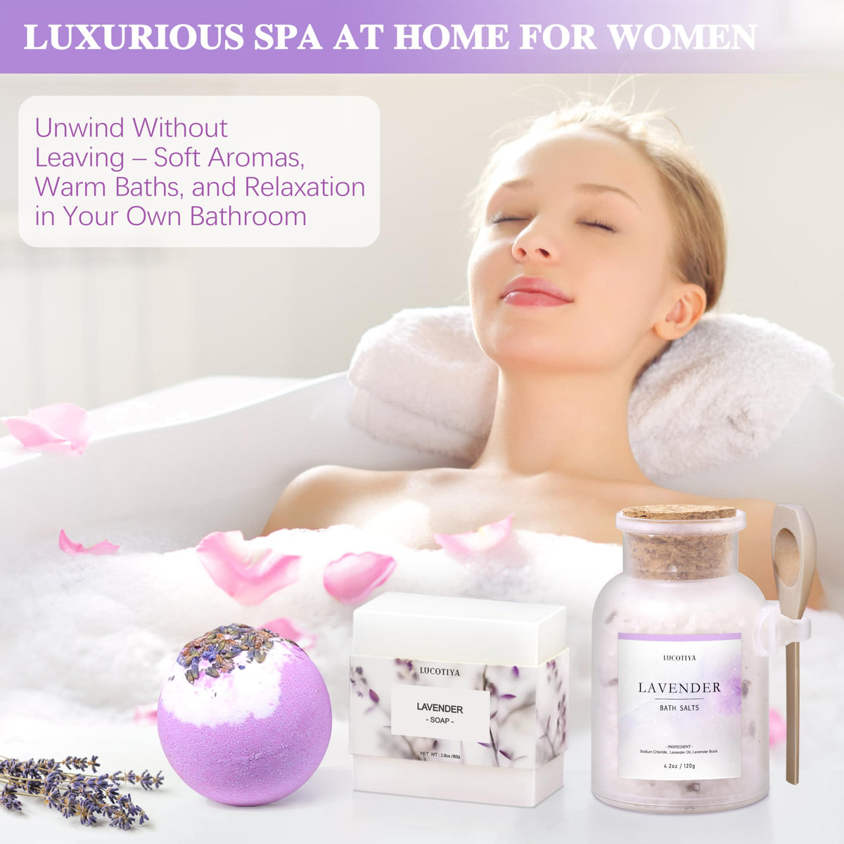 Lavender essential oil bottle in LUCOTIYA Spa Gift Basket