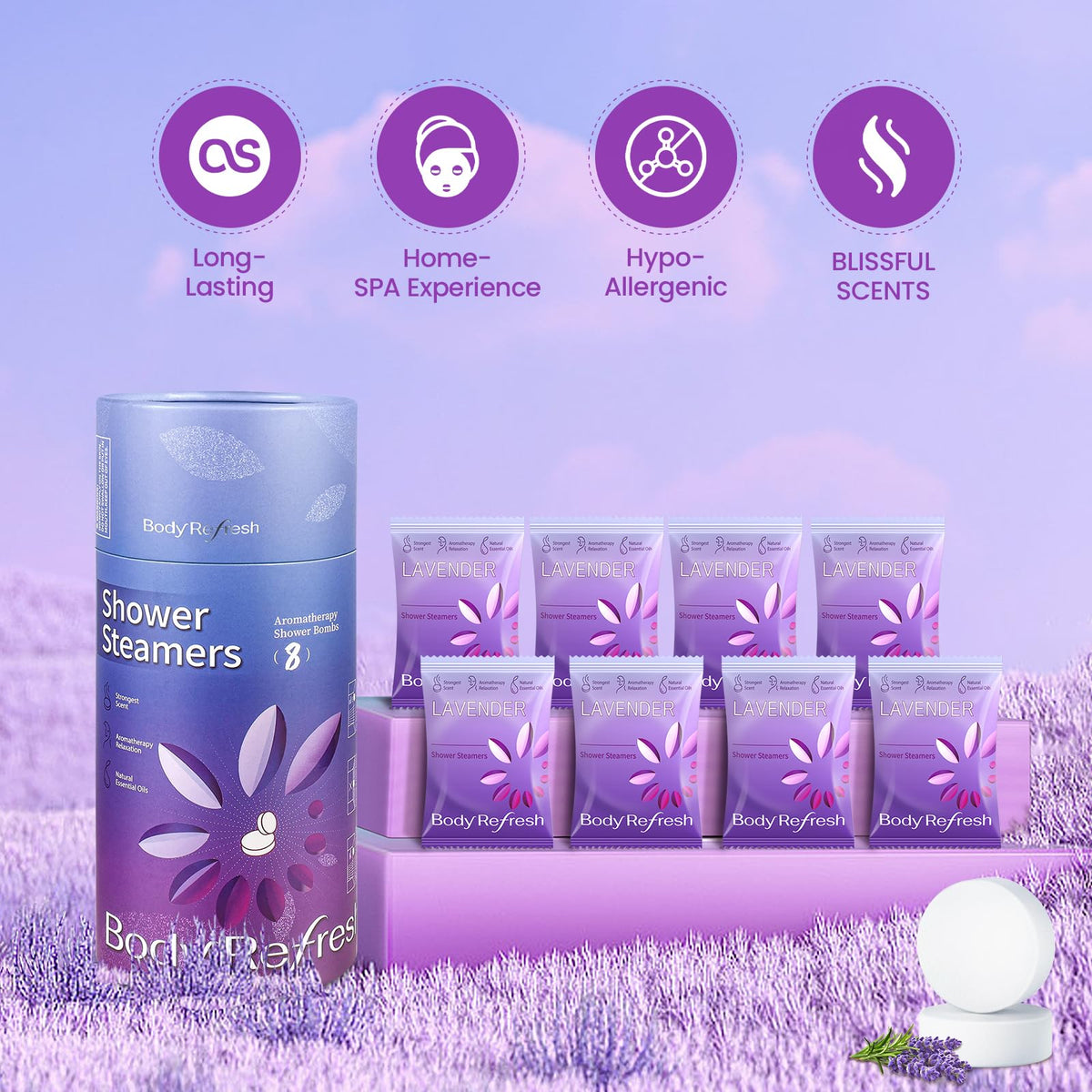 Lavender shower steamer tablet close-up