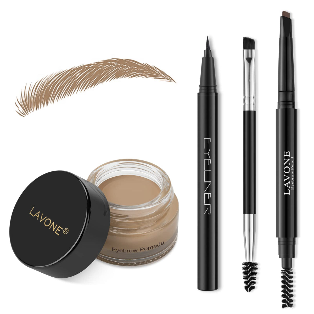 LAVONE Eyebrow Makeup Kit contents with brow pencil, pomade, and eyeliner