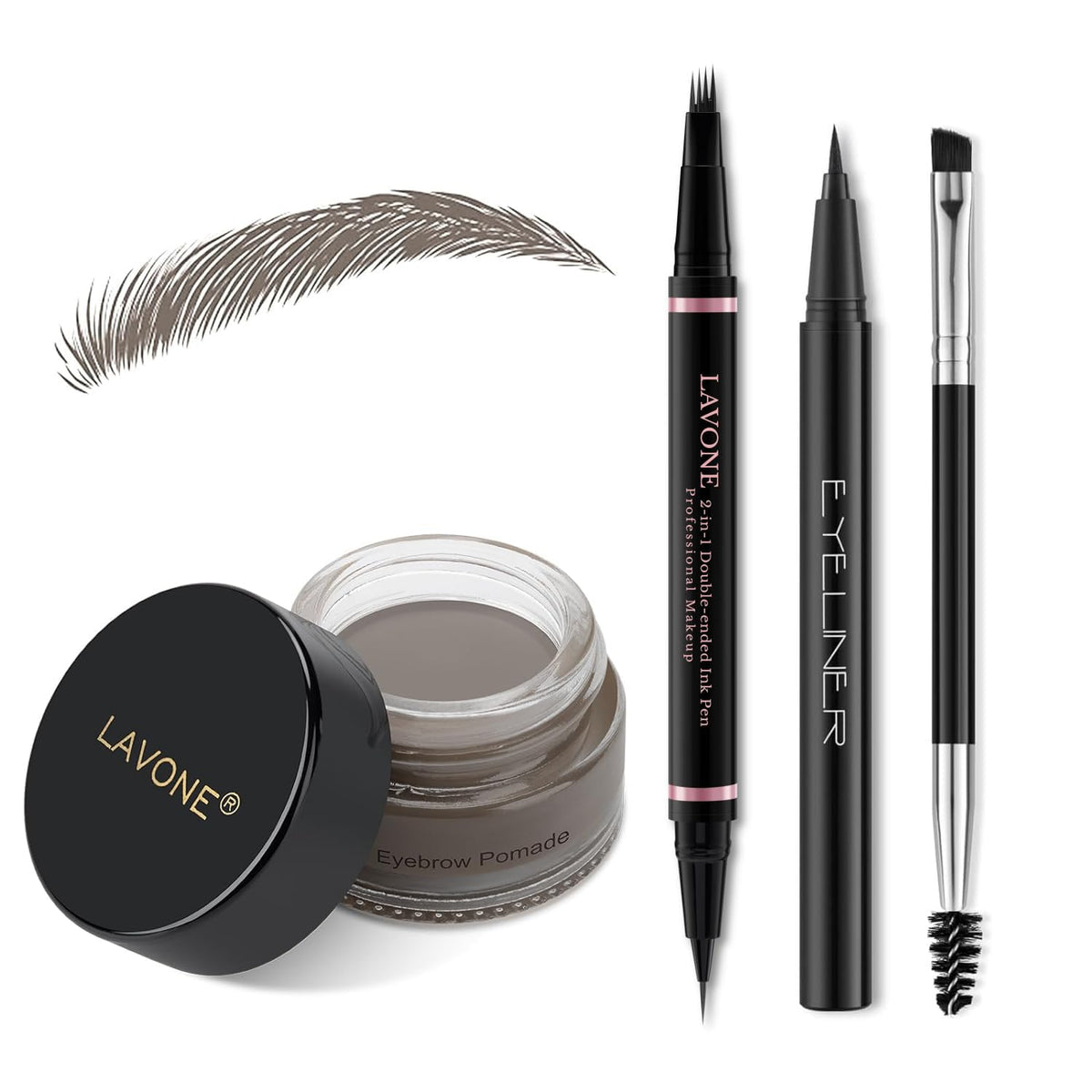 LAVONE Eyebrow Pen Kit components including grey eyebrow pencil, pomade, and black eyeliner