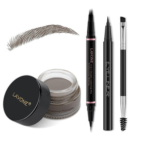 LAVONE Eyebrow Pen Kit components including grey eyebrow pencil, pomade, and black eyeliner