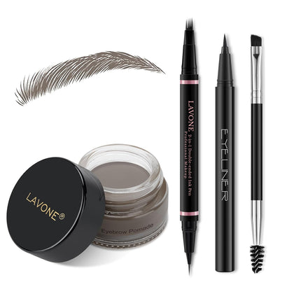 LAVONE Eyebrow Pen Kit components including grey eyebrow pencil, pomade, and black eyeliner