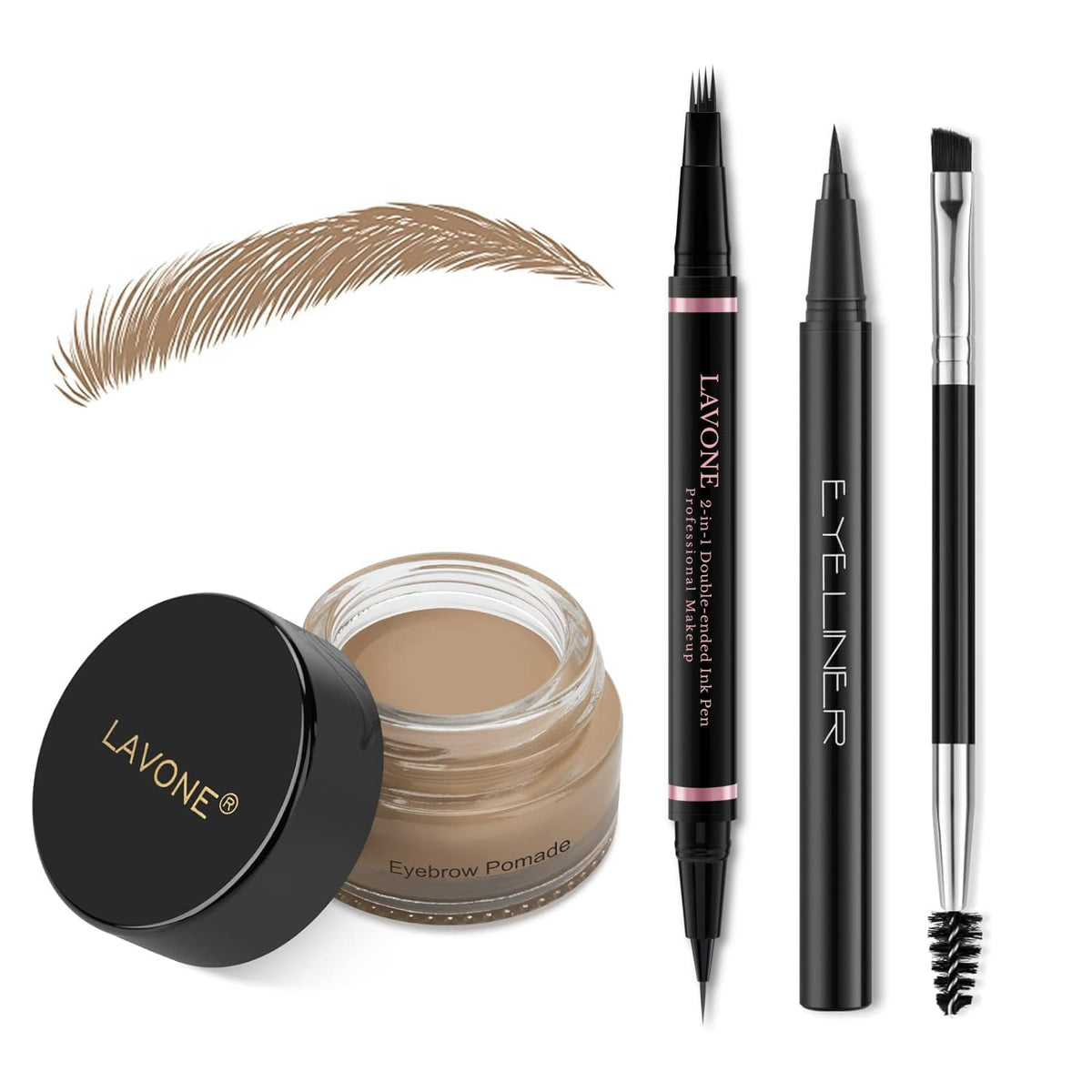 LAVONE Eyebrow Pen Kit contents including brow pencil, pomade, and eyeliner in taupe