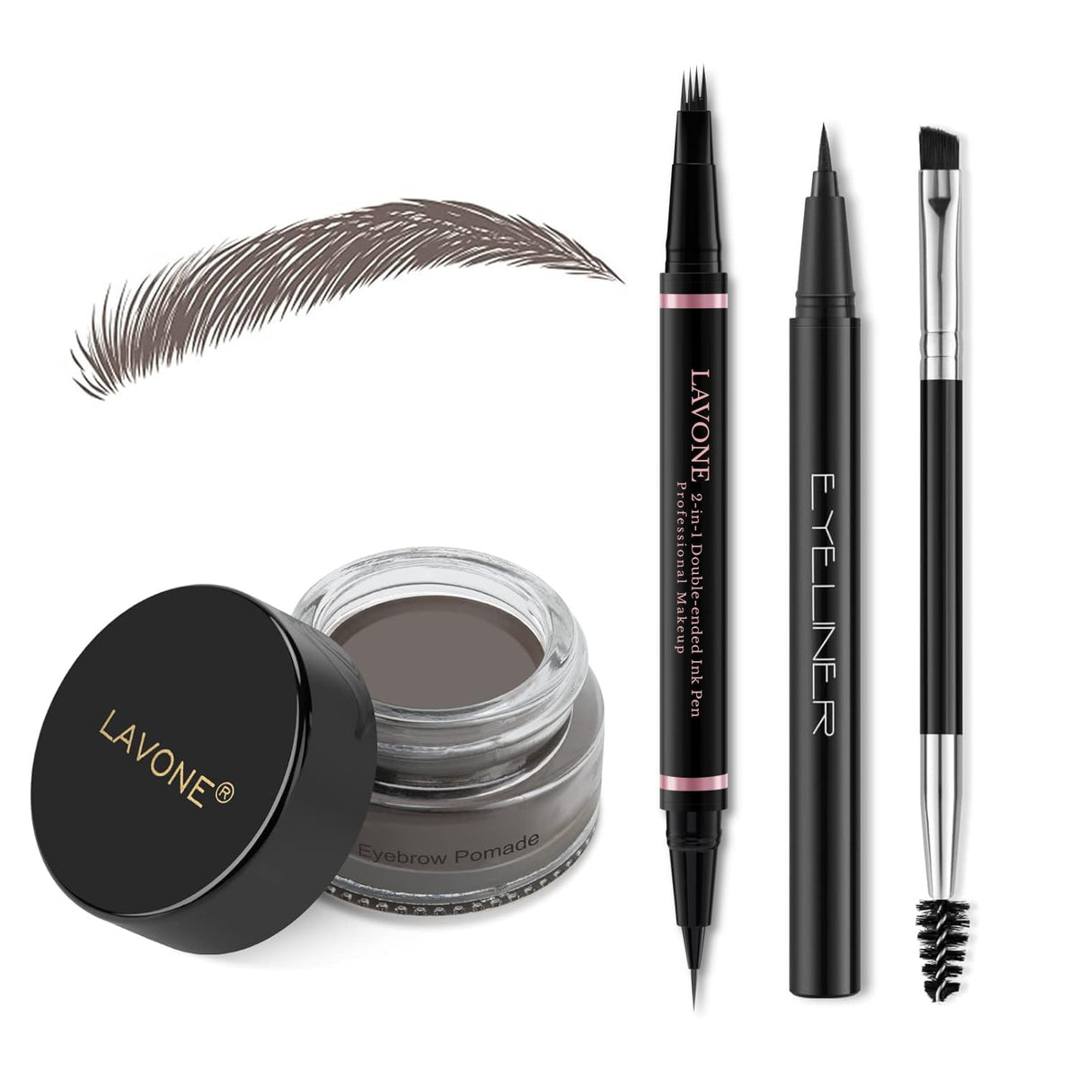 LAVONE Eyebrow Pen Kit contents including eyebrow pencil, pomade, and eyeliner