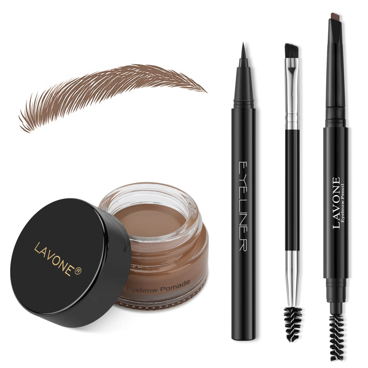 LAVONE Eyebrow Stamp Pencil Kit contents including pomade, pencil, and eyeliner
