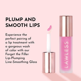 Lawless lip gloss on a vanity with makeup accessories