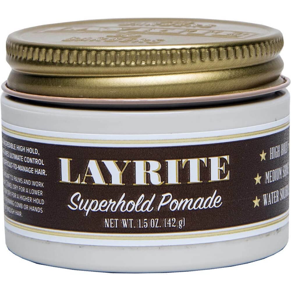Layrite Superhold Pomade 1.5 oz front view with packaging