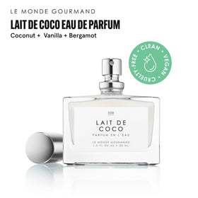 Le Monde Gourmand Lait de Coco Eau de Parfum on a wooden surface
