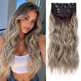 LEEONS 20-inch clip in hair extensions in ombre chocolate brown mix ash blonde front view