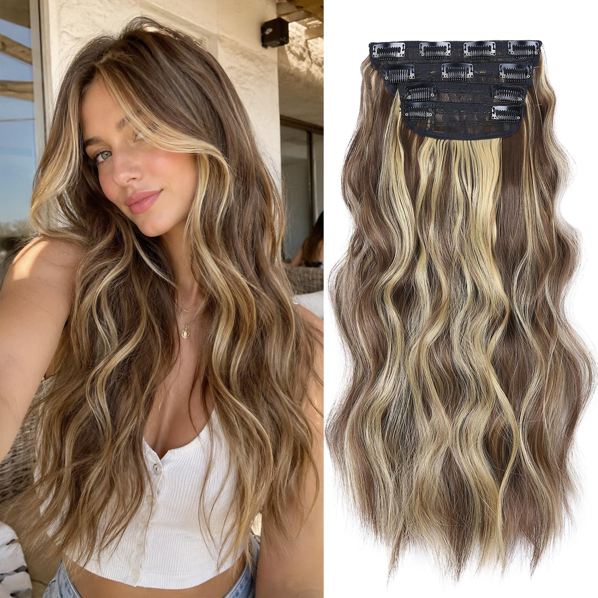 LEEONS 20 Inch Clip in Synthetic Hair Extensions front view