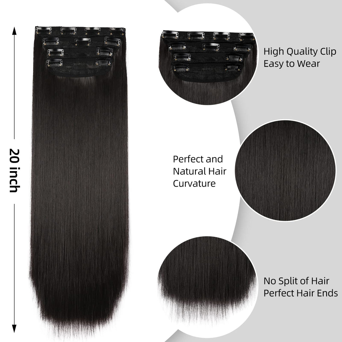 LEEONS 20 Inch Dark Brown-Black Clip-In Extensions on display