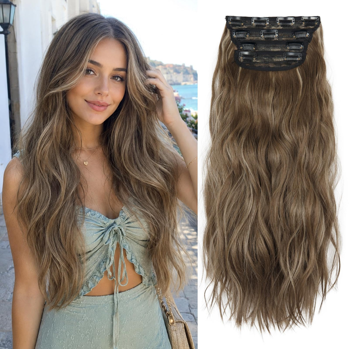 LEEONS Clip-in Hair Extensions front view in honey blonde and chestnut brown