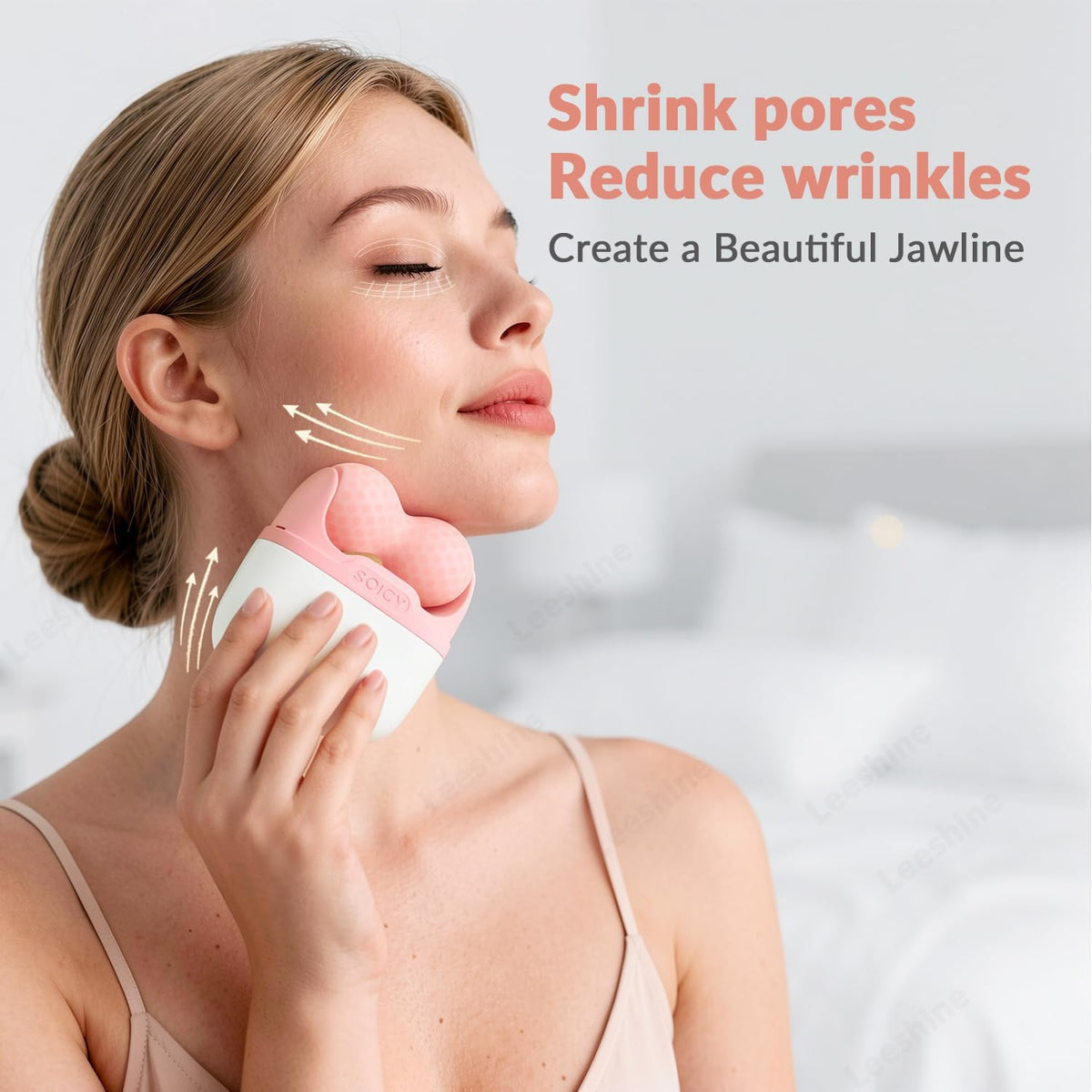 Leeshine ice roller in use on a woman's face