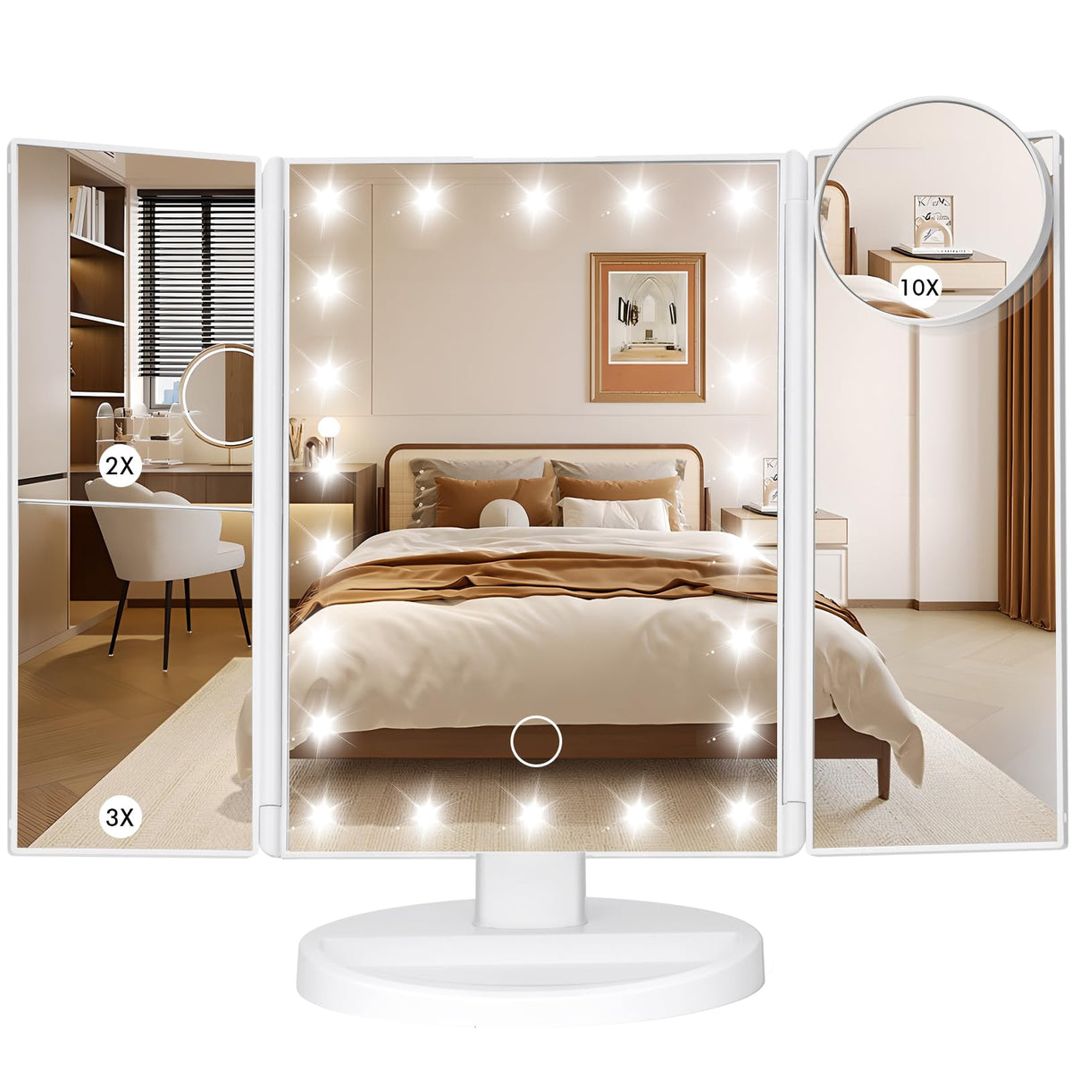 LeeWent Makeup Mirror front view with lights and multiple magnification options