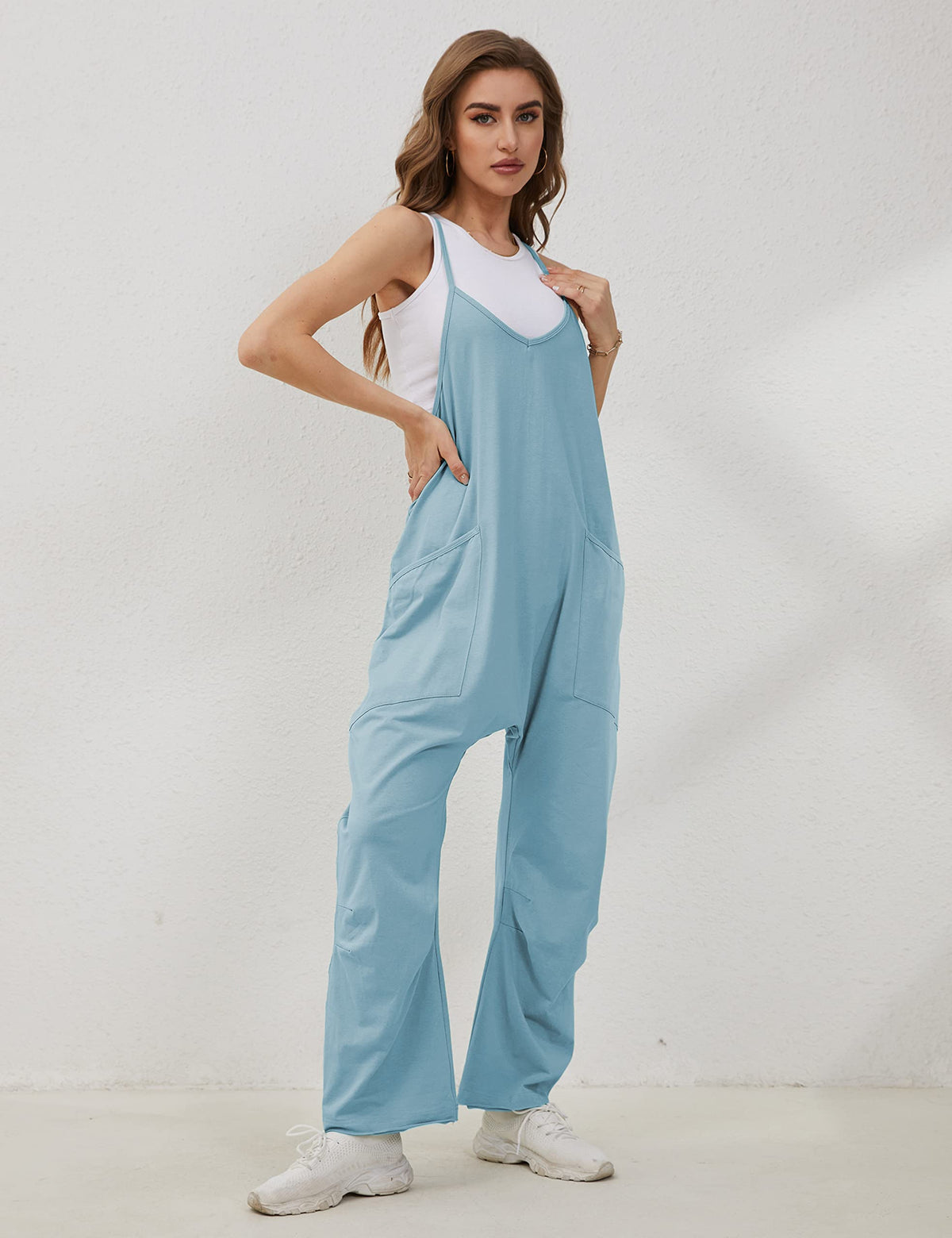 Lentta Women's Casual Jumpsuit close-up of deep V neck and straps