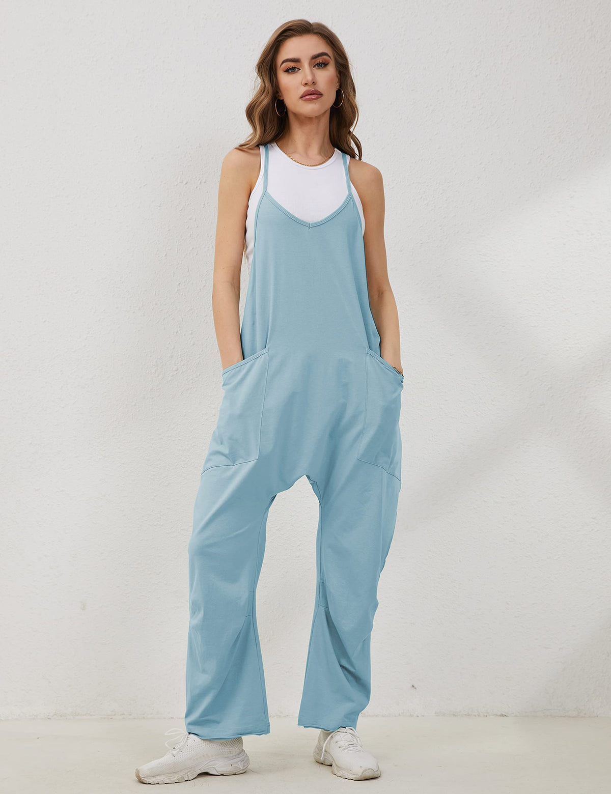 Lentta Women's Casual Jumpsuit light blue back view with wide leg design