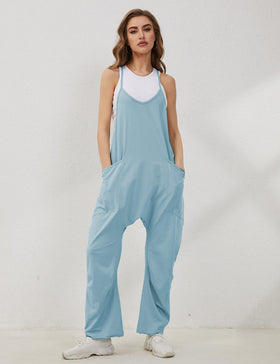 Lentta Women's Casual Jumpsuit light blue back view with wide leg design