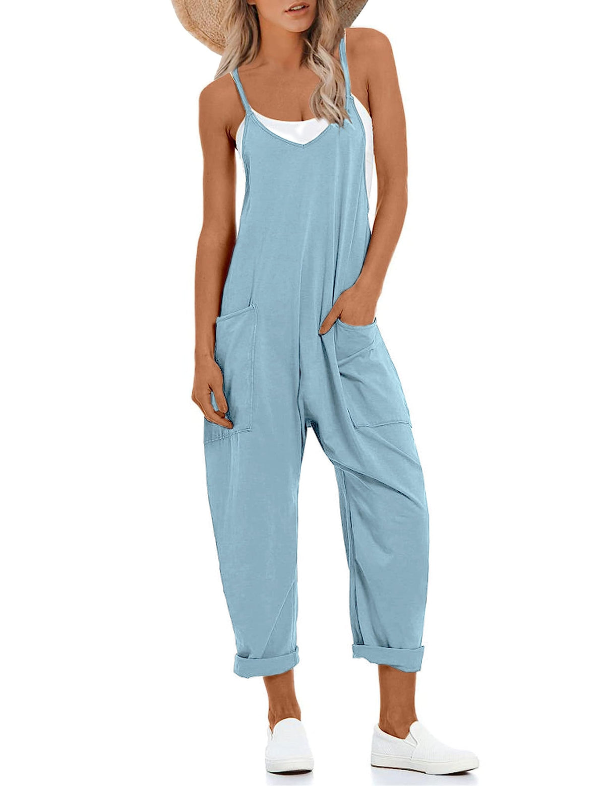 Lentta Women's Casual Jumpsuit light blue front view with adjustable straps