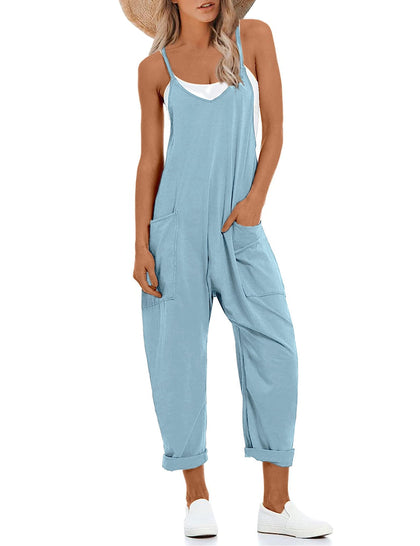 Lentta Women's Casual Jumpsuit light blue front view with adjustable straps