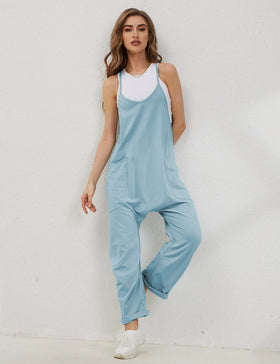 Lentta Women's Casual Jumpsuit light blue side view showcasing pockets