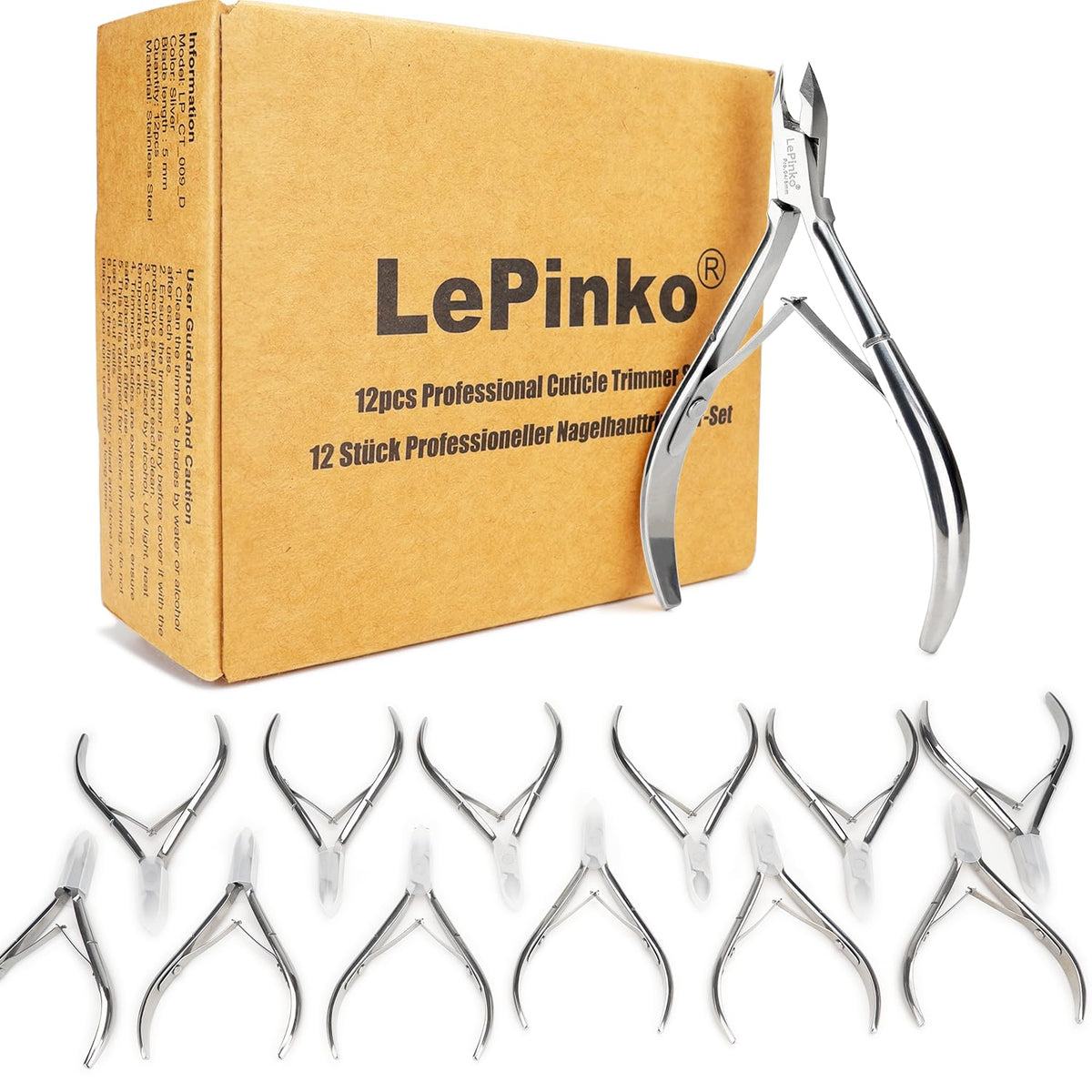 LePinko 12 Packs Cuticle Trimmer Kit front view with 12 clippers