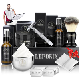 LEPONIX Shaving Kit for Men complete set including safety razor, brush, and bowl