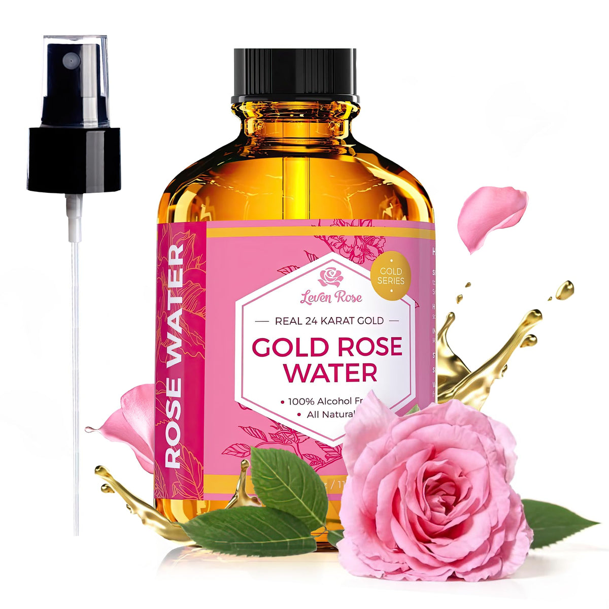 Leven Rose 24K Gold Rose Water Toner 4 oz front view