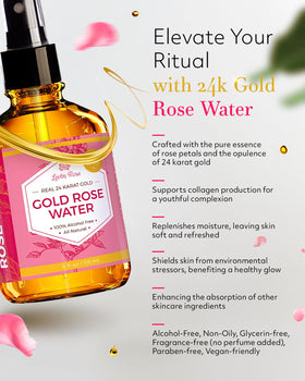 Leven Rose 24K Gold Rose Water Toner bottle with rose petals