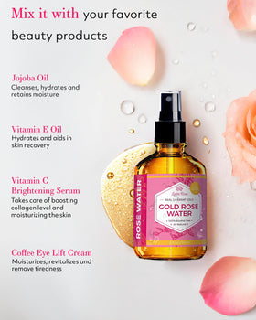 Leven Rose 24K Gold Rose Water Toner on a bathroom counter