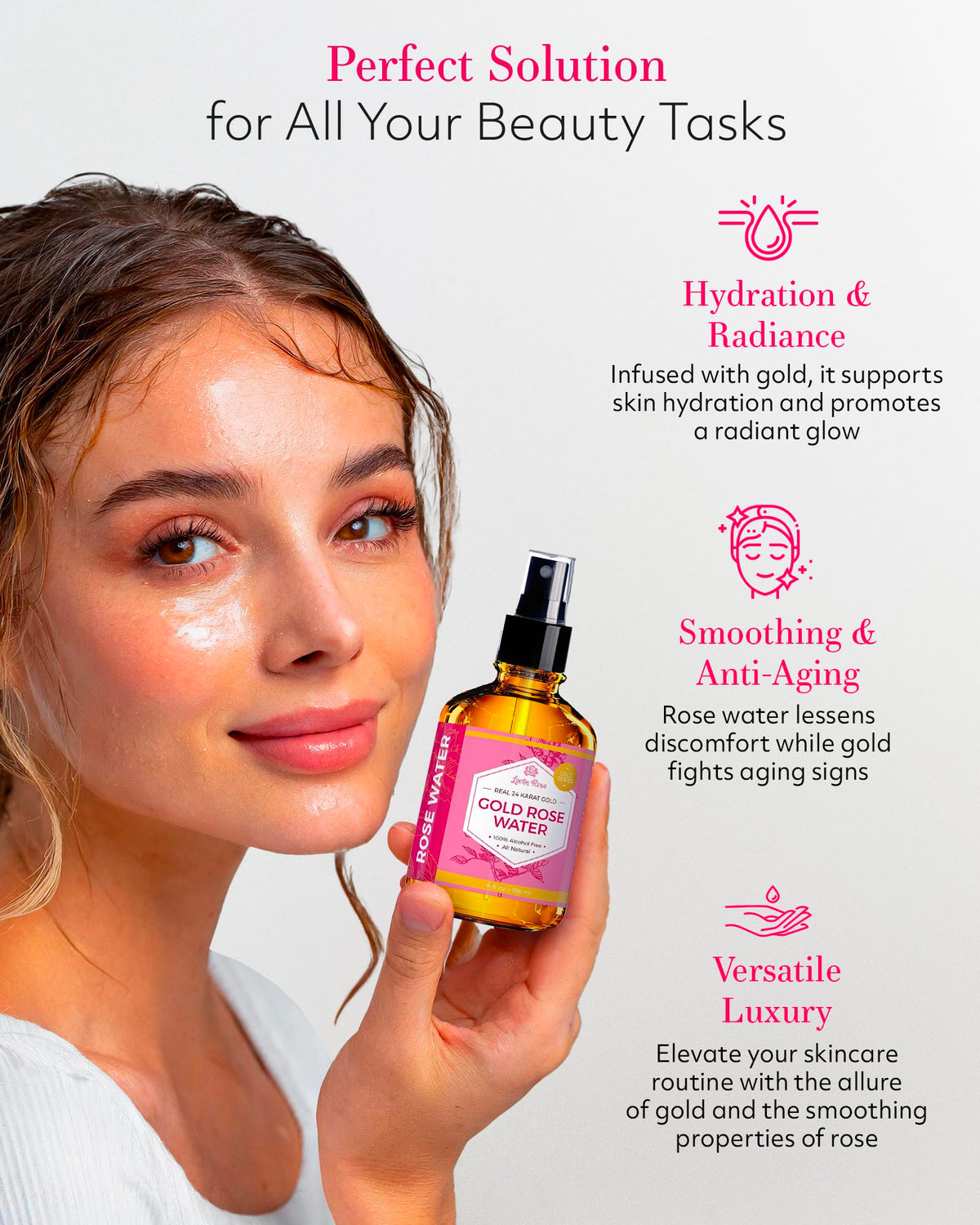Leven Rose 24K Gold Rose Water Toner showing mist spray