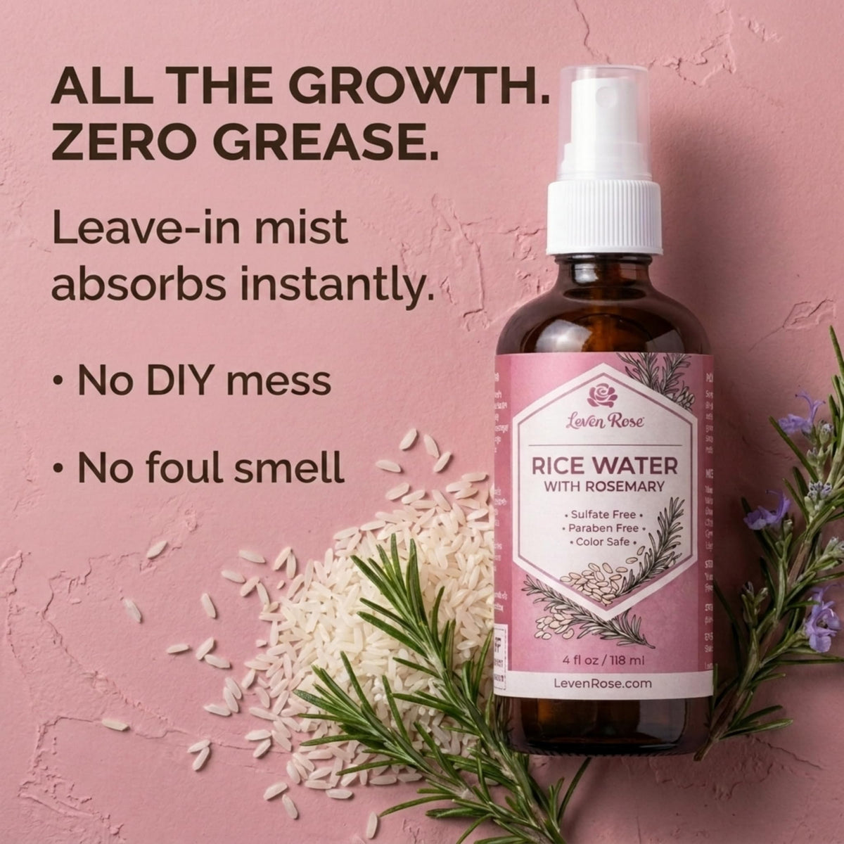 Leven Rose Rice Water Hair Growth Spray application on hair