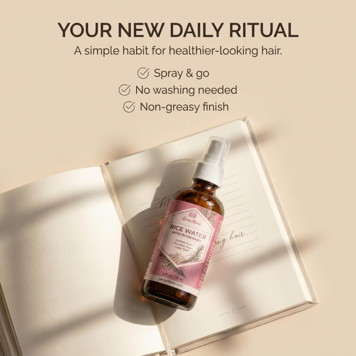 Leven Rose Rice Water Hair Growth Spray on a bathroom shelf