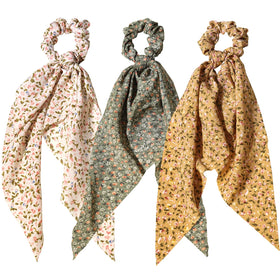 LFOUVRE 3pcs floral pattern hair ribbon scrunchies front view