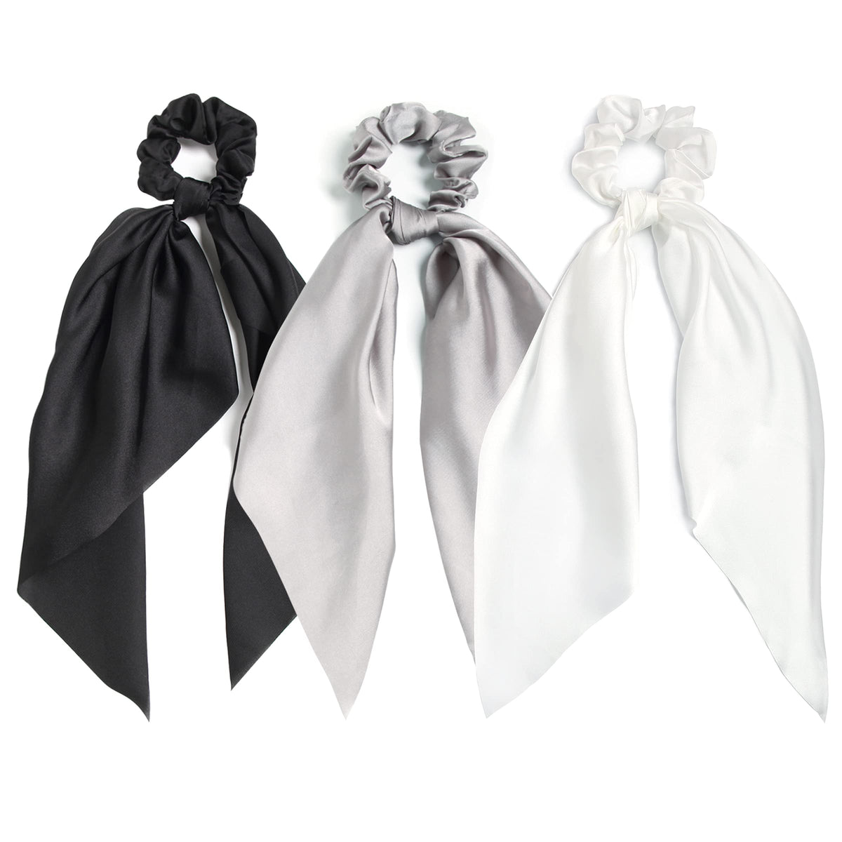 LFOUVRE Hair Scarf Scrunchies in black, white, and gray front view