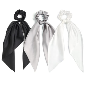 LFOUVRE Hair Scarf Scrunchies in black, white, and gray front view