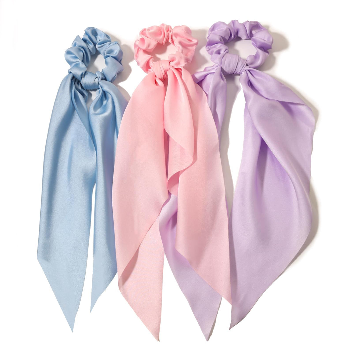 LFOUVRE Hair Scarf Scrunchies in blue, lilac, and pink front view